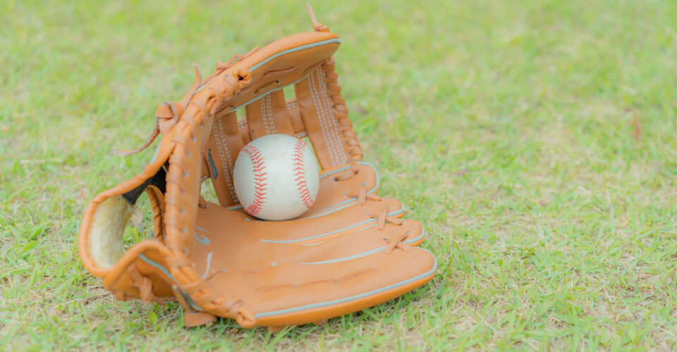 グローブと野球の球が芝生に置いてある写真